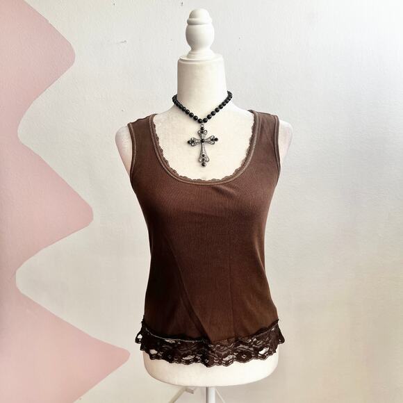 Vintage Y2K Brown Lace Trim Tank Top Women’s Small 2000s Cami Fairy Grunge - Picture 1 of 8